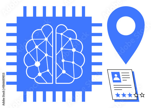 Brain within a microchip symbolizing AI, location pin for geolocation, and user profile with star ratings. Ideal for technology, AI, machine learning, geolocation, user analytics, automation digital
