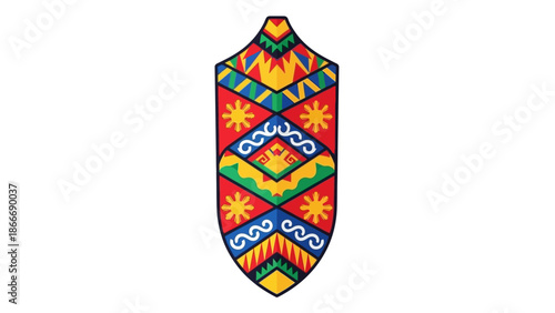 Vibrant shield design with geometric patterns, evoking a sense of cultural heritage and artistic flair