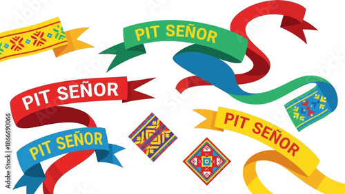 Colorful banners with 'Pit Señor' text in diverse designs, perfect for cultural celebrations