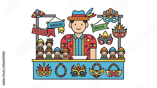 Colorful Illustration of Sinulog Festival Stall with People and Festive Masks and Decorations