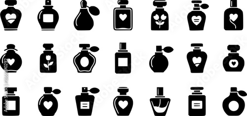 love perfume bottle silhouette Valentine icon set,Black color simple Vector icons