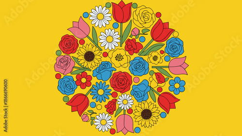 Floral Circle: Colorful Flower Arrangement on Yellow Background