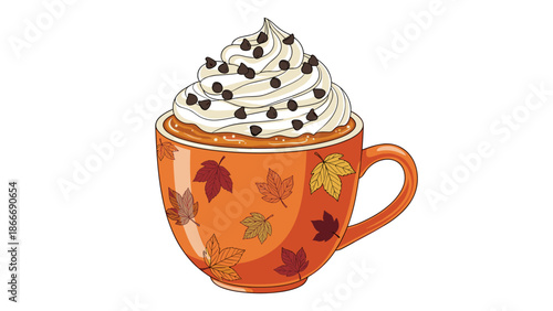 Autumnal Pumpkin Spice Latte with Whipped Cream and Chocolate Chips Illustration