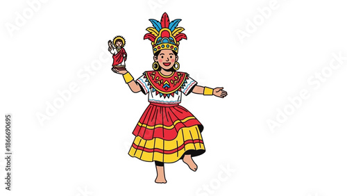 Illustration of a woman in traditional Mexican attire holding a small statue