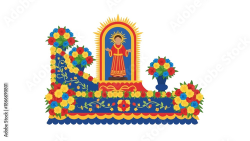 Vibrant Floral Arrangement Adorning a Religious Float, Depicting a Child Figure