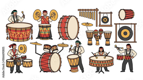 Diverse Collection of Hand-Drawn Drums and Percussion Instruments for Music and Performance