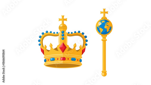 Golden Crown and Orb Majestic Symbols of Royalty and Power, on White Background