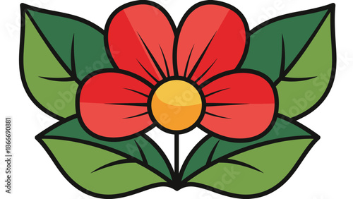 Red Flower with Green Leaves - Simple Vector Illustration