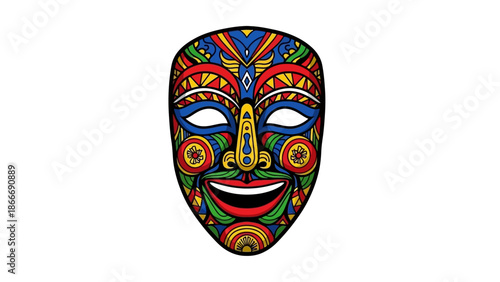 Colorful Tribal Mask Illustration on White Background A Vibrant Cultural Symbol