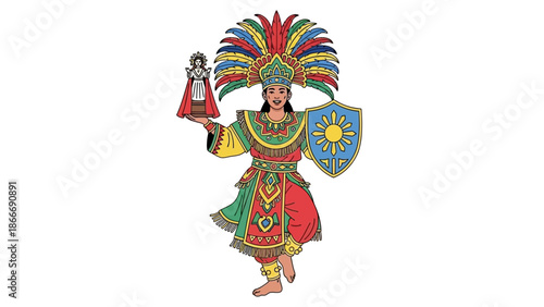 Celebrating Culture A Vibrant Illustration of a Traditional Costume with a Shield and a Figure
