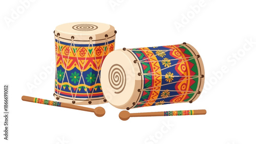 Colorful Dhol Drums A Vibrant Illustration of Indian Percussion Instruments and Sticks
