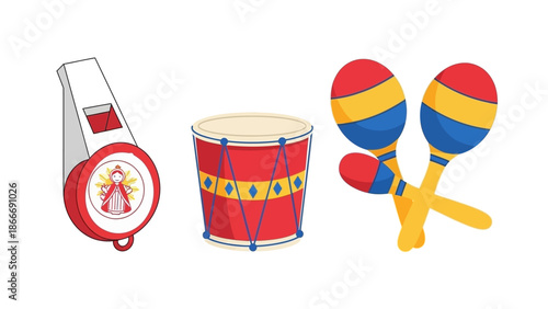 Musical Instrument Set Whistle, Drum, and Maracas in a Vibrant Cartoon Illustration