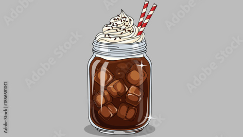 Iced Coffee in Mason Jar with Whipped Cream Illustration