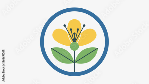 Minimalist Floral Icon: Yellow Flower with Green Leaves in Blue Circle