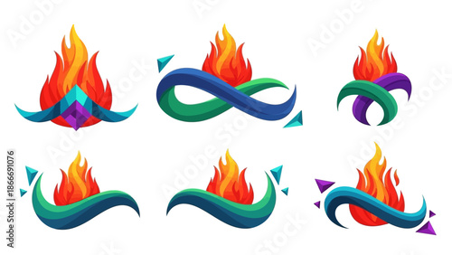 Set of stylized flame icons with colorful decorative elements in various designs on white background