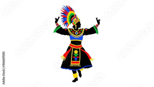African Dancer in Traditional Costume Performing with Arms Raised on White Background