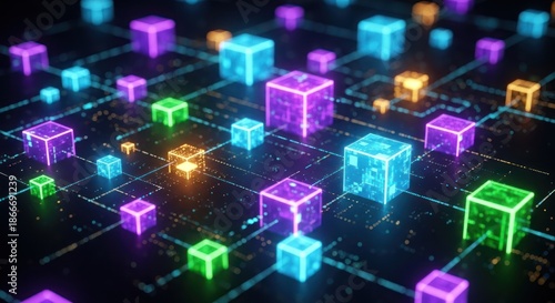 Interconnected luminous cubes representing digital networks and technology