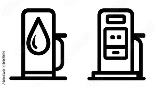 Minimalist line art icons of fuel pumps, representing gas stations, vehicle refueling, petrol, and energy services.