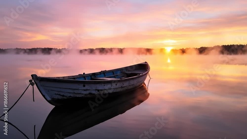 Rowboat Floating Calmly on Misty Lake at Sunrise