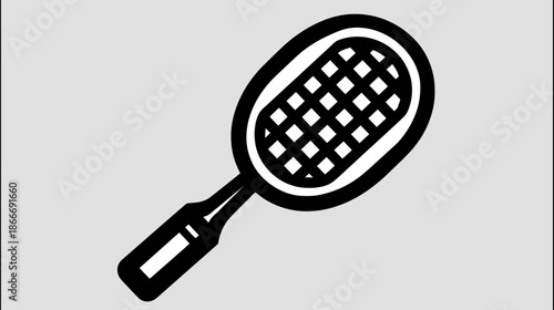 Black and white vector icon of a badminton racket, simple line art graphic for sports, fitness, and recreation themes.