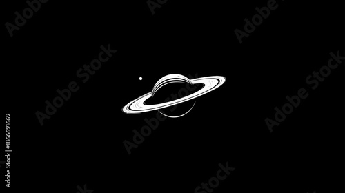 Minimalist Line Art Illustration of a Ringed Planet and Moon in Space on Black Background, Cosmic Design Element
