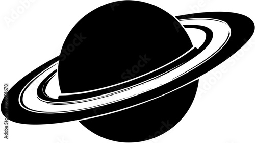 Abstract ringed planet silhouette icon. Cosmic celestial body symbol in black and white for space science designs.