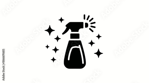 Clean spray bottle icon with sparkles, symbolizing hygiene, disinfection, freshness, and germ-free surfaces. Vector graphic.