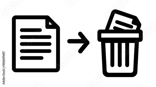File Deletion Icon Vector. Document Being Moved to Trash Can Symbol for Remove, Delete, Erase, and Discard Concepts.