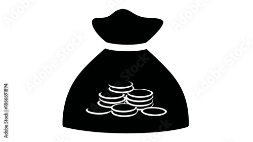 Black silhouette icon of a money bag with coins, symbolizing finance, wealth, savings, investment, and economy