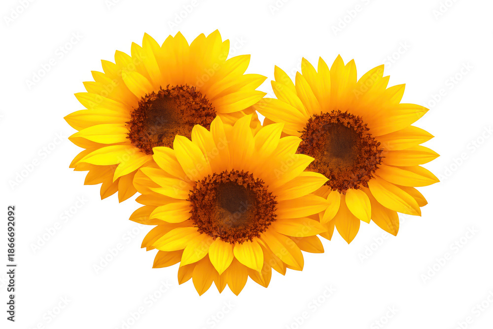 Fototapeta premium Three bright yellow sunflowers blooming in summer, facing forward on a transparent background