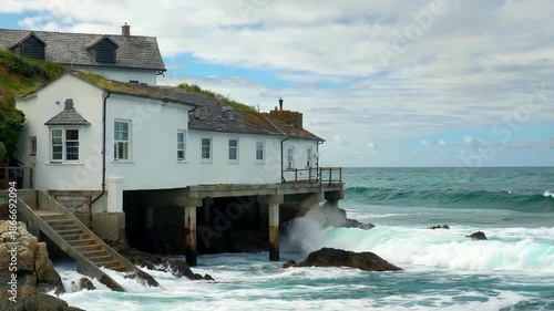Coastal cottage perched precariously above crashing waves on a rocky shore.