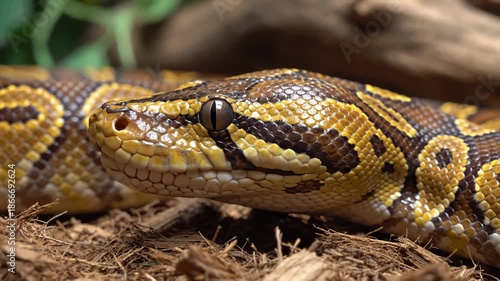 Reticulated Python Flicking Its Tongue on Wood Chip Bedding, Macro Shot