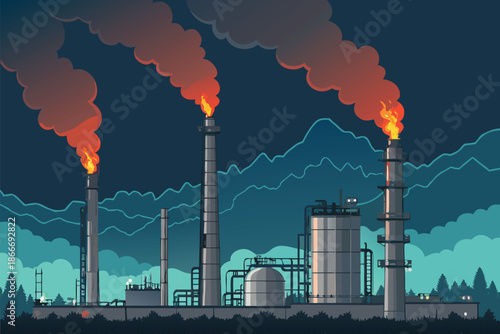 Oil Refinery Economy Night Flames