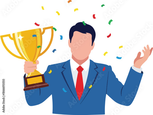 Man in Suit Holding Golden Trophy.