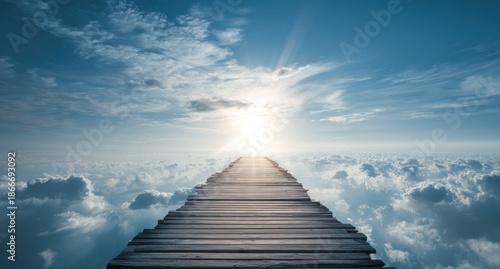 A wooden staircase leads up to a bright light in the sky surrounded by fluffy clouds.