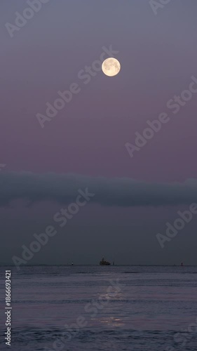 Salish Sea Full Moon vertical video 4K UHD.The full moon over the Fraser River and Salish Sea in Richmond, British Columbia, Canada. 4K, UHD.

