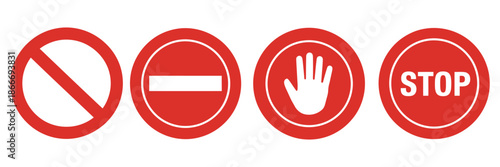 Bold Red Octagon STOP Sign Icon with White Text, Designed for Traffic Safety, Road Signage Systems, Transportation Guidance, Warning Symbols, and Vector Illustration for Web, Print, and Public Safety 