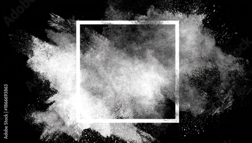 White powder explosion with a white square frame on a.