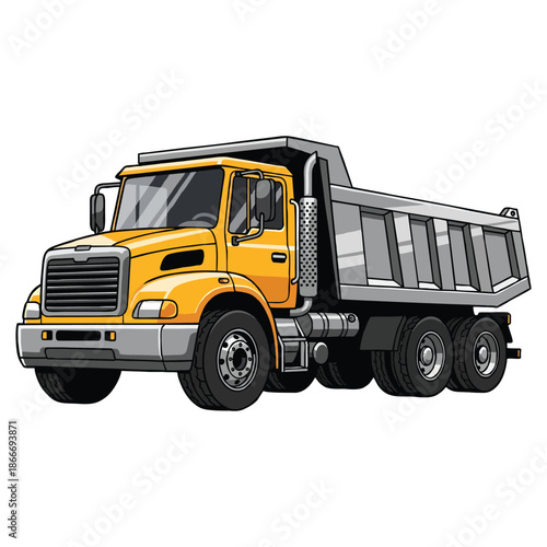 Heavy duty yellow dump truck used for transporting loose bulk materials