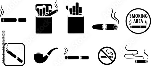 Collection of various smoking and marijuana related icons. The icons include a lighter, a pipe, a bowl, a cigarette, and a joint. Scene is casual and relaxed