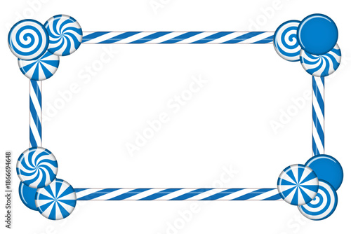 Candy cane frame with blue and white striped. Border with striped candy lollipop pattern. Winter ornament decoration