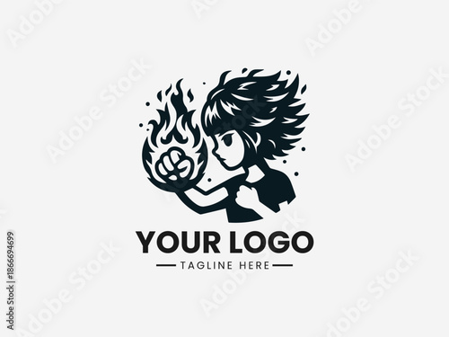 Determined girl delivering a fiery punch representing power and dynamic action in bold black vector logo illustration
