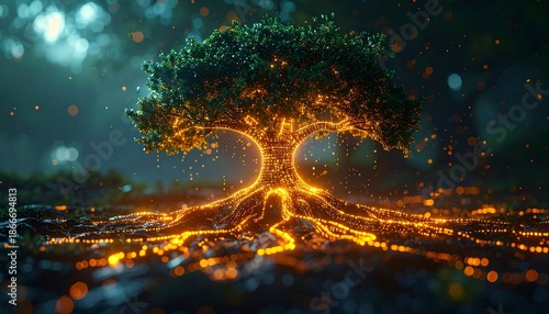 Glowing Tree of Life - Digital Art with Luminous Roots.