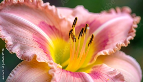Close-up of a Pink Daylily with Yellow Center and Ruffled Petals.