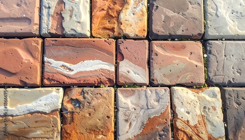 Close-up of a textured brick wall with varying shades of red, brown, and white, creating an abstract pattern.