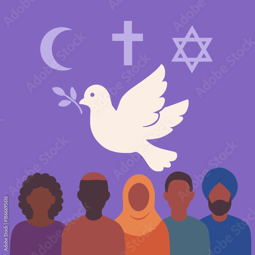 Peace Dove Surrounded by Interfaith Symbols for Tolerance