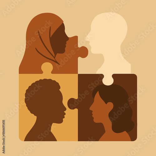Puzzle Pieces of Diverse People Fitting Together for Harmony