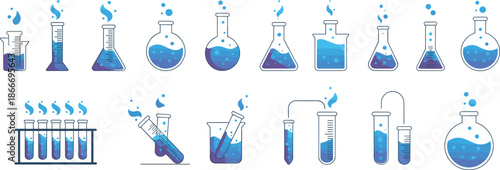 Laboratory glassware illustration, beakers, flasks, test tubes, chemical liquids, scientific experiment, blue purple fluid, cartoon style