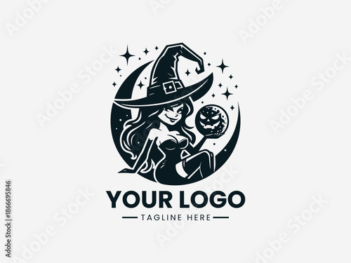 naughty witch holding moon black vector logo