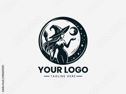 naughty witch holding moon black vector logo